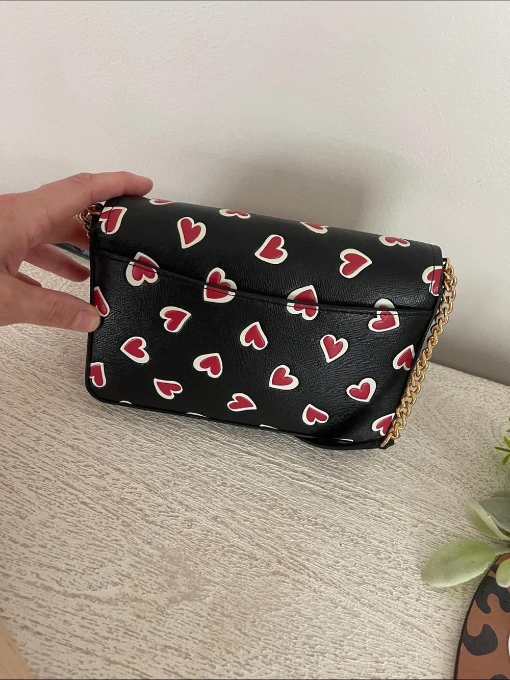 kate spade Black Leather Crossbody with Red and White Heart Print